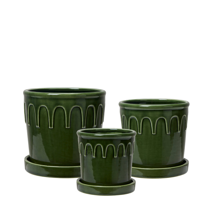 Green ceramic Lykke pots with matching saucers by Wikholmform