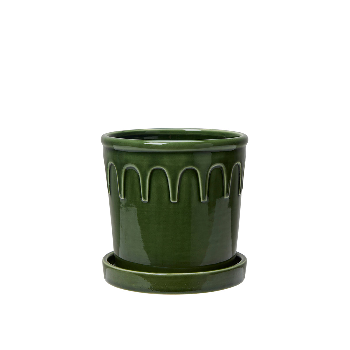 Green Ceramic Pot Set with Saucers – Lykke by Wikholmform (Large 16x15cm, Medium 14x13cm, Small 12x11cm)