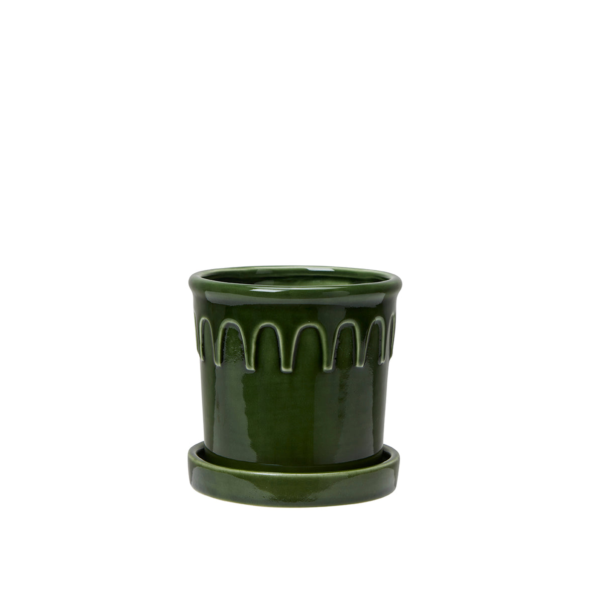 Green Ceramic Pot Set with Saucers – Lykke by Wikholmform (Large 16x15cm, Medium 14x13cm, Small 12x11cm)