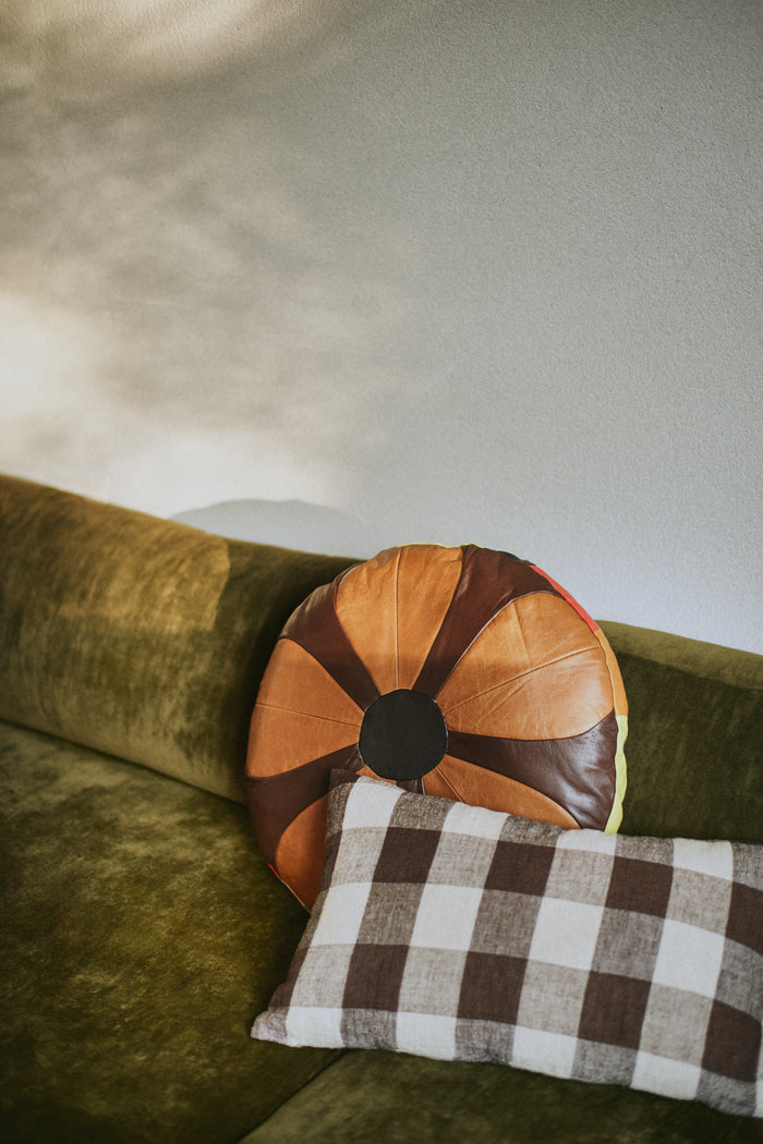 Retro Leather Patch Cushion,Round, Brown, HKLIVING