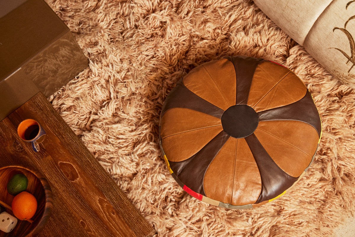 Retro Leather Patch Cushion,Round, Brown, HKLIVING