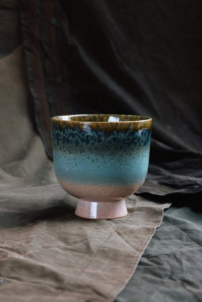Retro Flower Pot in Lagoon by HKLIVING – Ice Blue Stoneware Planter with Reactive Glaze