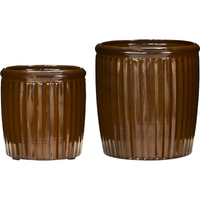 Recycled iron flowerpots with vertical grooves in rich brown finish