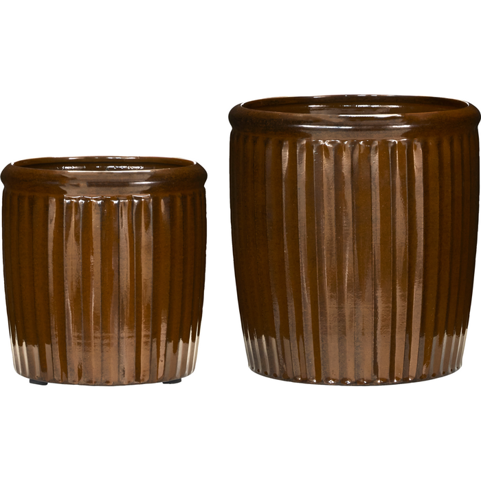 Recycled iron flowerpots with vertical grooves in rich brown finish