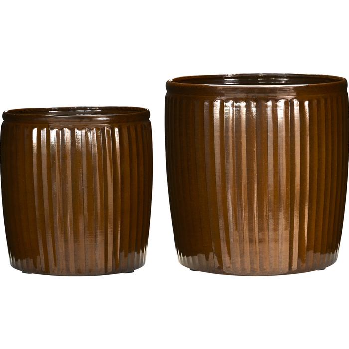 Recycled iron flowerpots with vertical grooves and warm brown glaze
