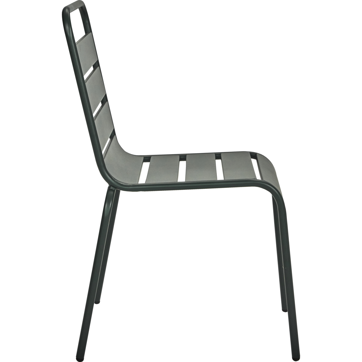Side view of modern green metal chair for patio or terrace use