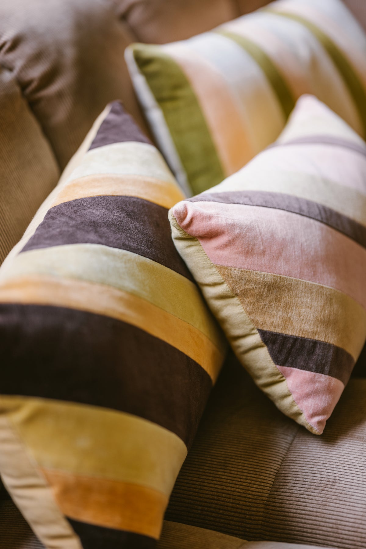 Striped Velvet Cushion, Sunkissed, 50x30cm, HKLIVING, Pink Brown Beige