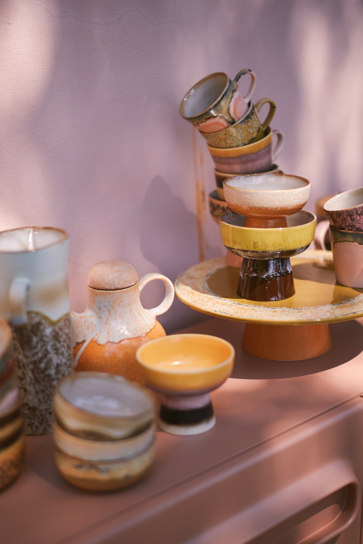 Large Tapas Bowl on Base, Mustard Yellow Brown, 70s Ceramics Creek by HKLIVING