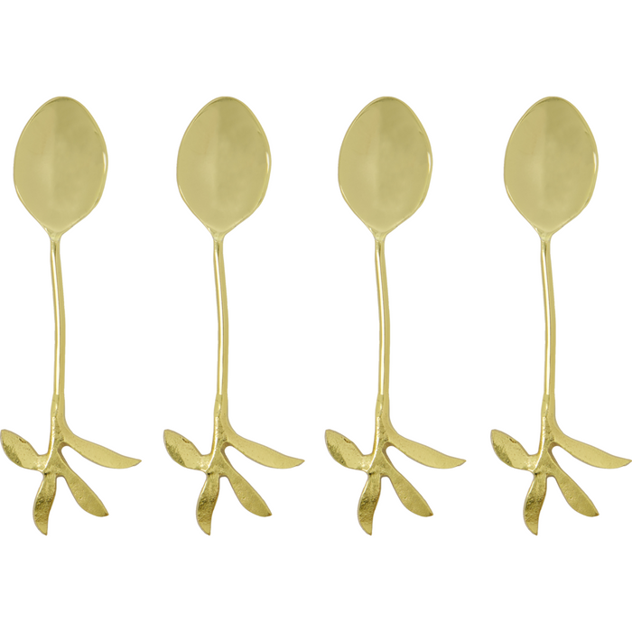 Set of 4 antique gold teaspoons by House Doctor with sculpted brass leaf handles