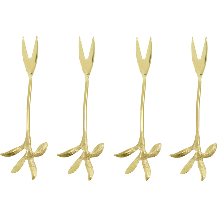 Set of 4 antique gold olive forks by House Doctor with leaf base detail