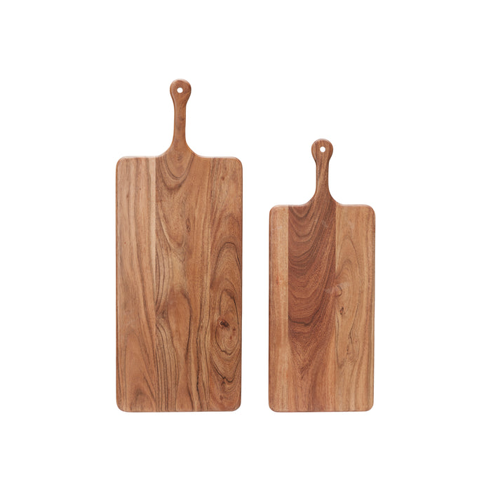 Pair of wooden cutting boards with handles and visible grain