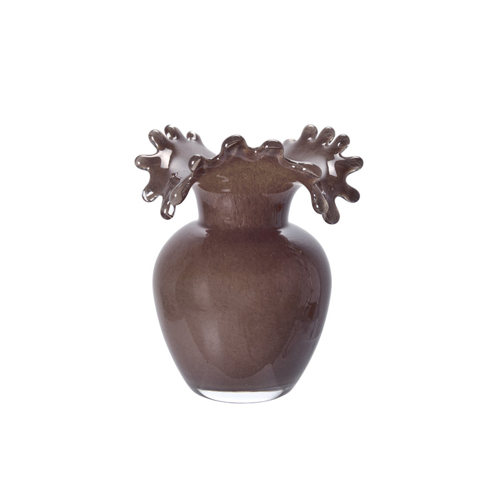 Small smokey brown glass vase styled from Mela collection