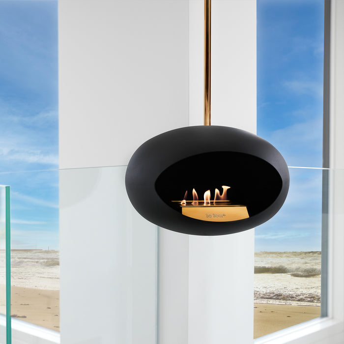 Le Feu Dome Sky ceiling-hung bioethanol fireplace creating cosy Scandinavian atmosphere