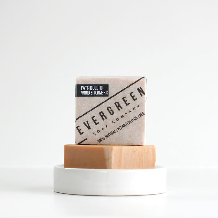 Evergreen handmade soap – patchouli ho wood turmeric blend