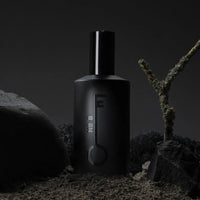 black bottle of fischersund number 8 that was handmade in iceland stood among black rocks and moss