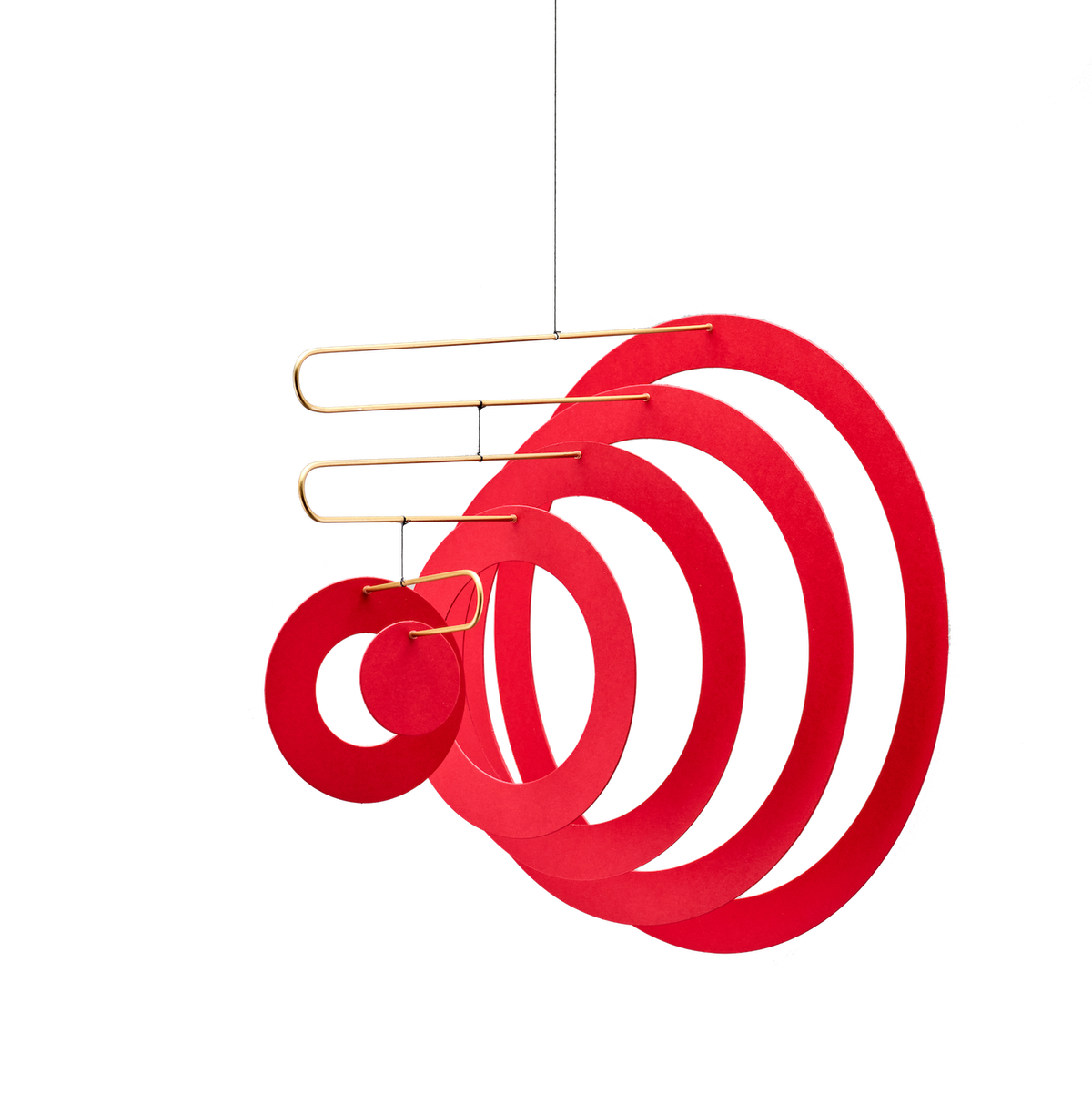 looking almost like rings making up the form of a megaphone a mobile by flensted handmade in denmark gives life and vibrancy to a space