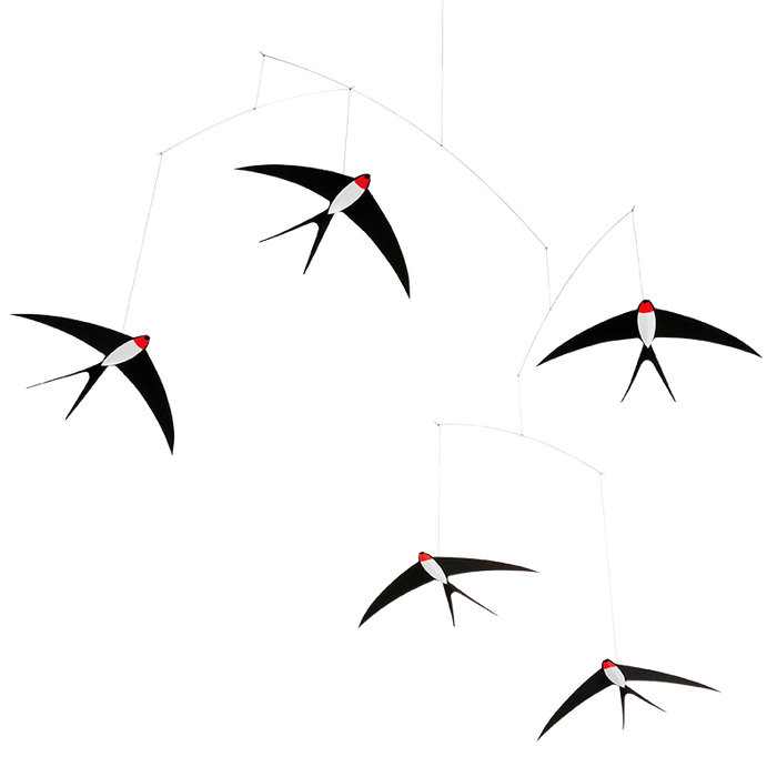 handcrafted by flensted in denmark swallows hanging delicately from strings and wires swooping about the corner of a room in black and red