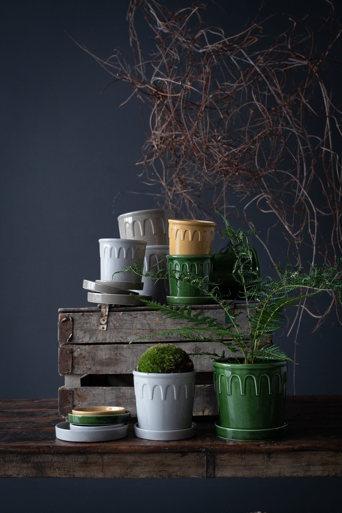 Green Ceramic Pot Set with Saucers – Lykke by Wikholmform (Large 16x15cm, Medium 14x13cm, Small 12x11cm)