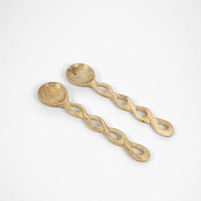 Zoey Salad Servers Natural - Handcrafted Mango Wood with Unique Twist Design