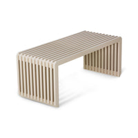 Minimalist slatted bench in sand for peaceful décor