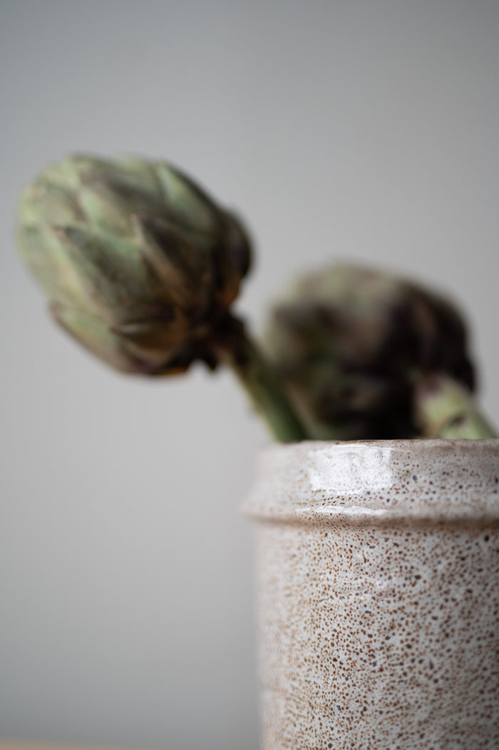 Pair of earthy-toned ceramic planters styled with greenery
