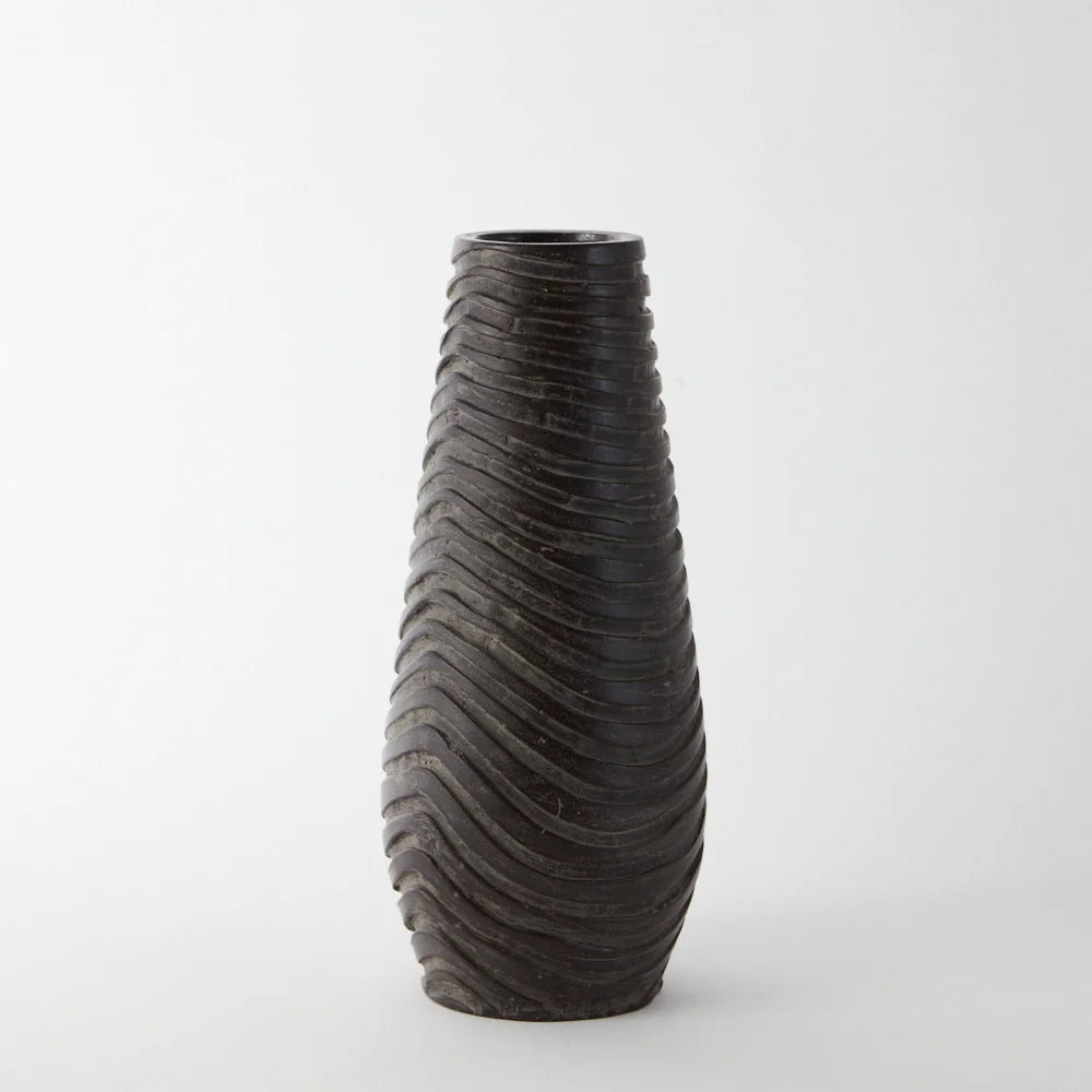 indian handmade clay decorative vase with an elegantly tall and slender form that narrows to the top