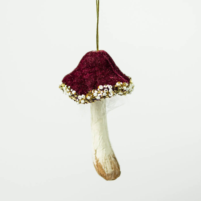 Red Mushroom Christmas Decoration - Handcrafted Ornament with Bead and Sequin Accents
