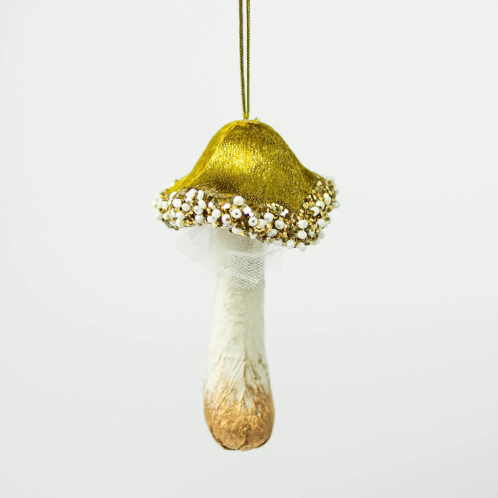 Green Mushroom Christmas Decoration - Handcrafted Ornament with Gold Accents