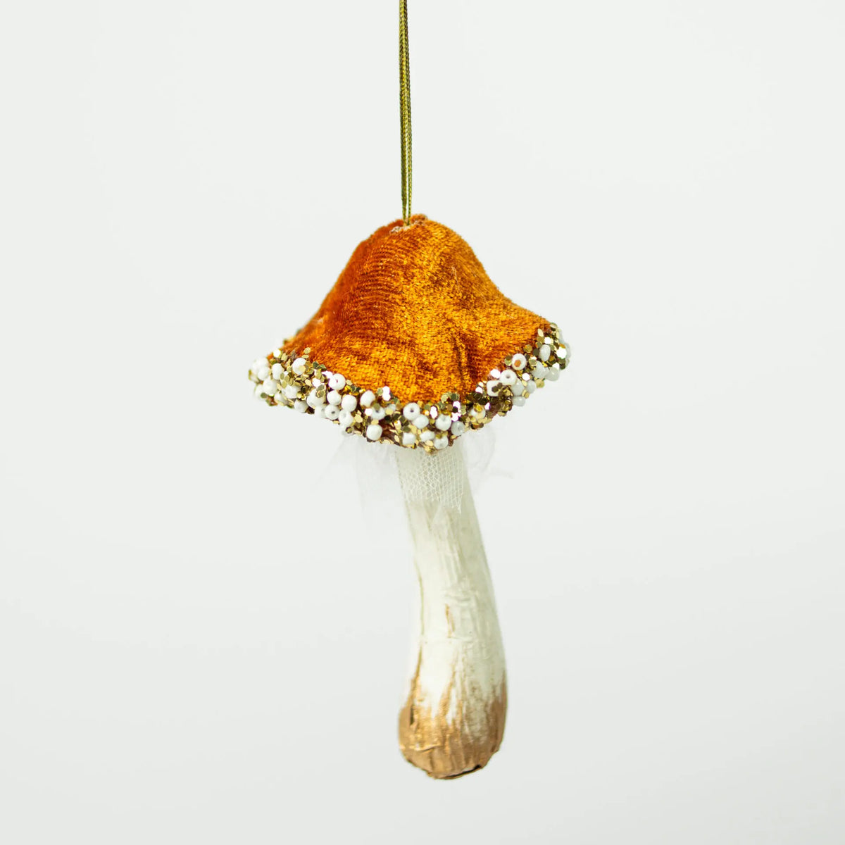 Orange Mushroom Christmas Decoration - Handcrafted Ornament with Glitter and Bead Accents
