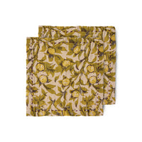 olive green coloured cloth napkins with a similar design to the hk living tangerines ones with an almost fruit on a branch type design and purple stiching around the outer edge