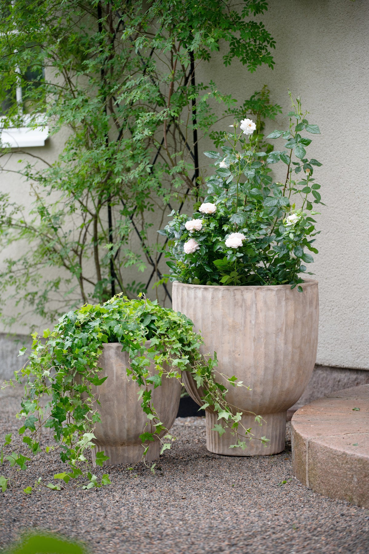 Large Fedora pot in antique terracotta on patio surface