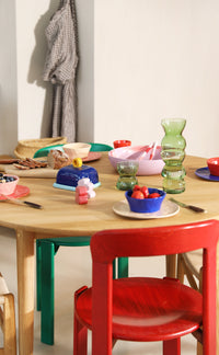 Playful blue butter dish by &Klevering styled on a colourful breakfast table for a happy, lived-in feel.