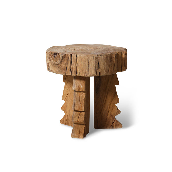 Carved Wooden Stool - Handcrafted Solid Teak Accent Seat by HKLIVING