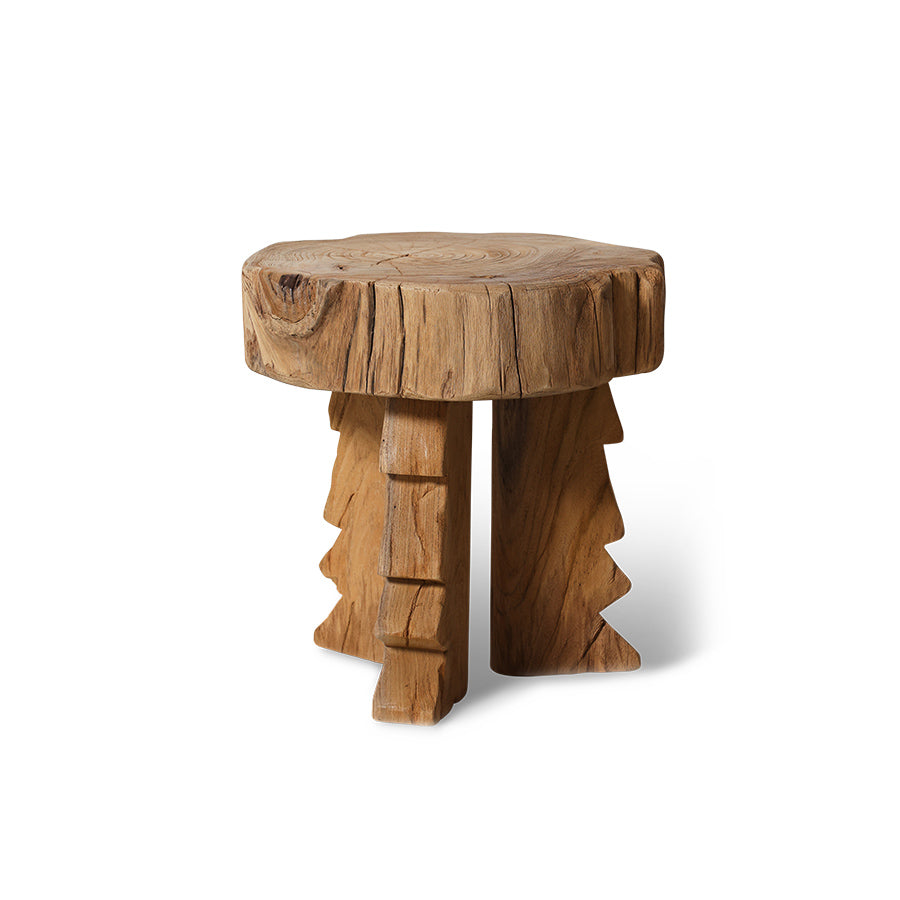 Carved Wooden Stool - Handcrafted Solid Teak Accent Seat by HKLIVING