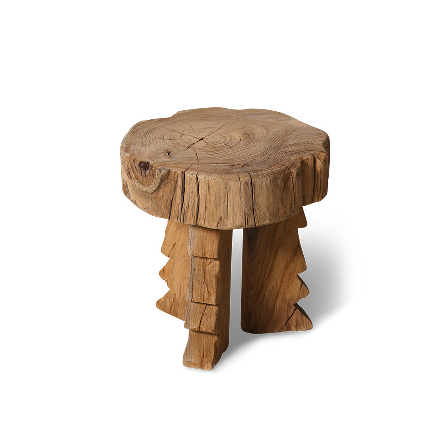 Carved Wooden Stool - Handcrafted Solid Teak Accent Seat by HKLIVING