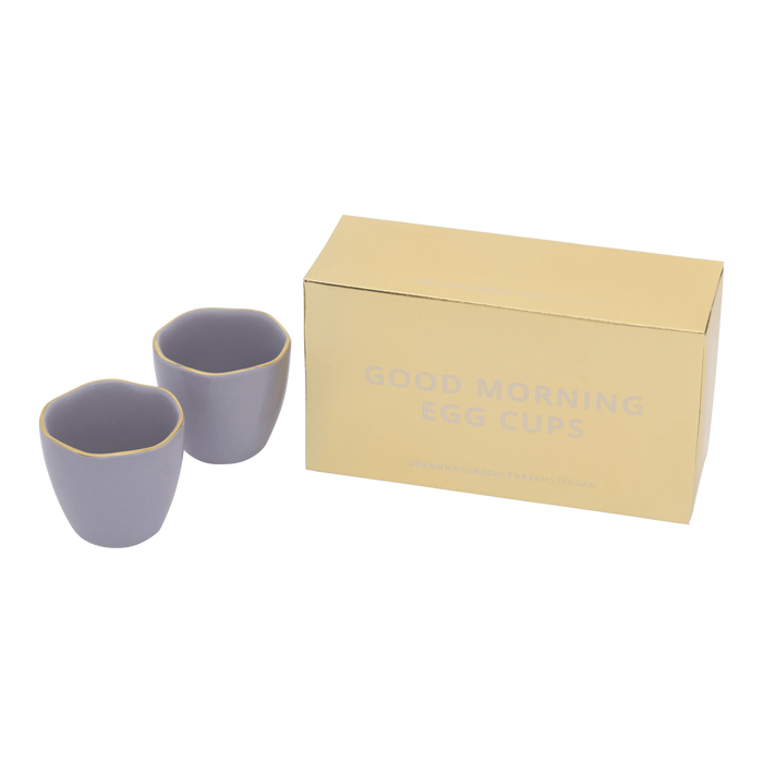 Set of two lilac Good Morning egg cups with golden edge by Urban Nature Culture in gift box