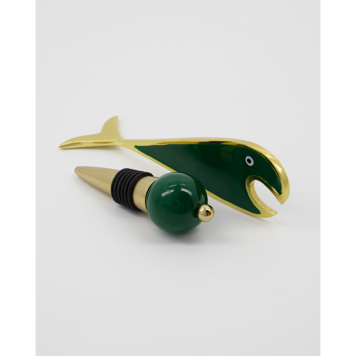 Green and gold fish bottle opener and stopper set by House Doctor