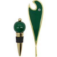 Close-up of green enamel fish bottle opener with golden detail