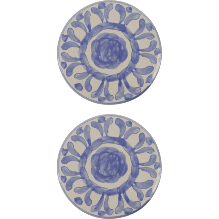 Set of two round ceramic serving boards with hand-painted blue patterns by House Doctor