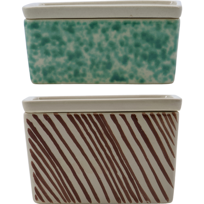 Set of two hand-painted ceramic boxes with lids in green and brown by House Doctor