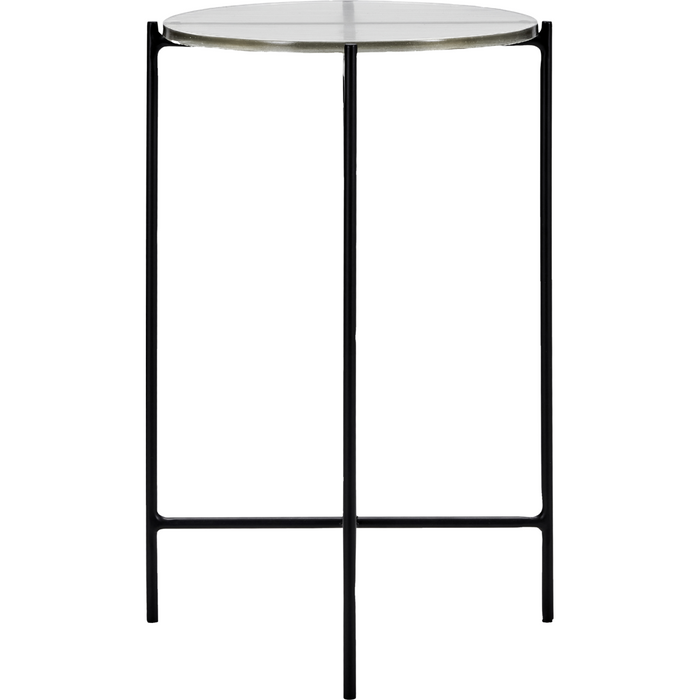 Front view of the Tamu side table by House Doctor with black iron frame and round glass top