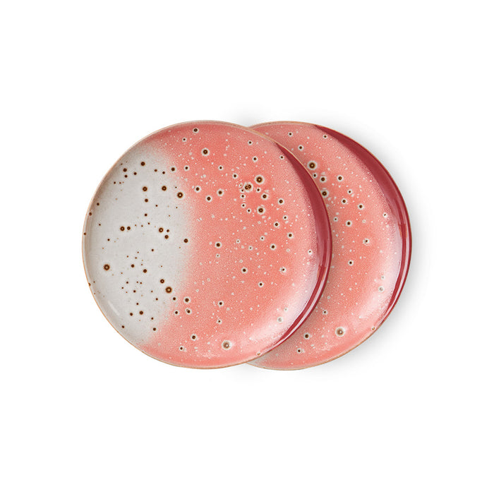 Set of 2 Dessert Plates, Lychee 17.5cm - HKLIVING 70s Ceramics, Grey Pink Red Brown Spotted Spots