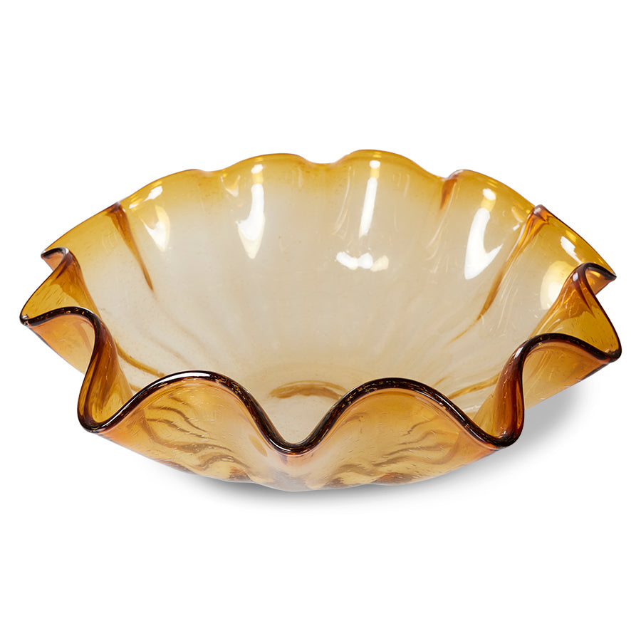 Mouth-blown statement glass bowl in amber for modern interiors