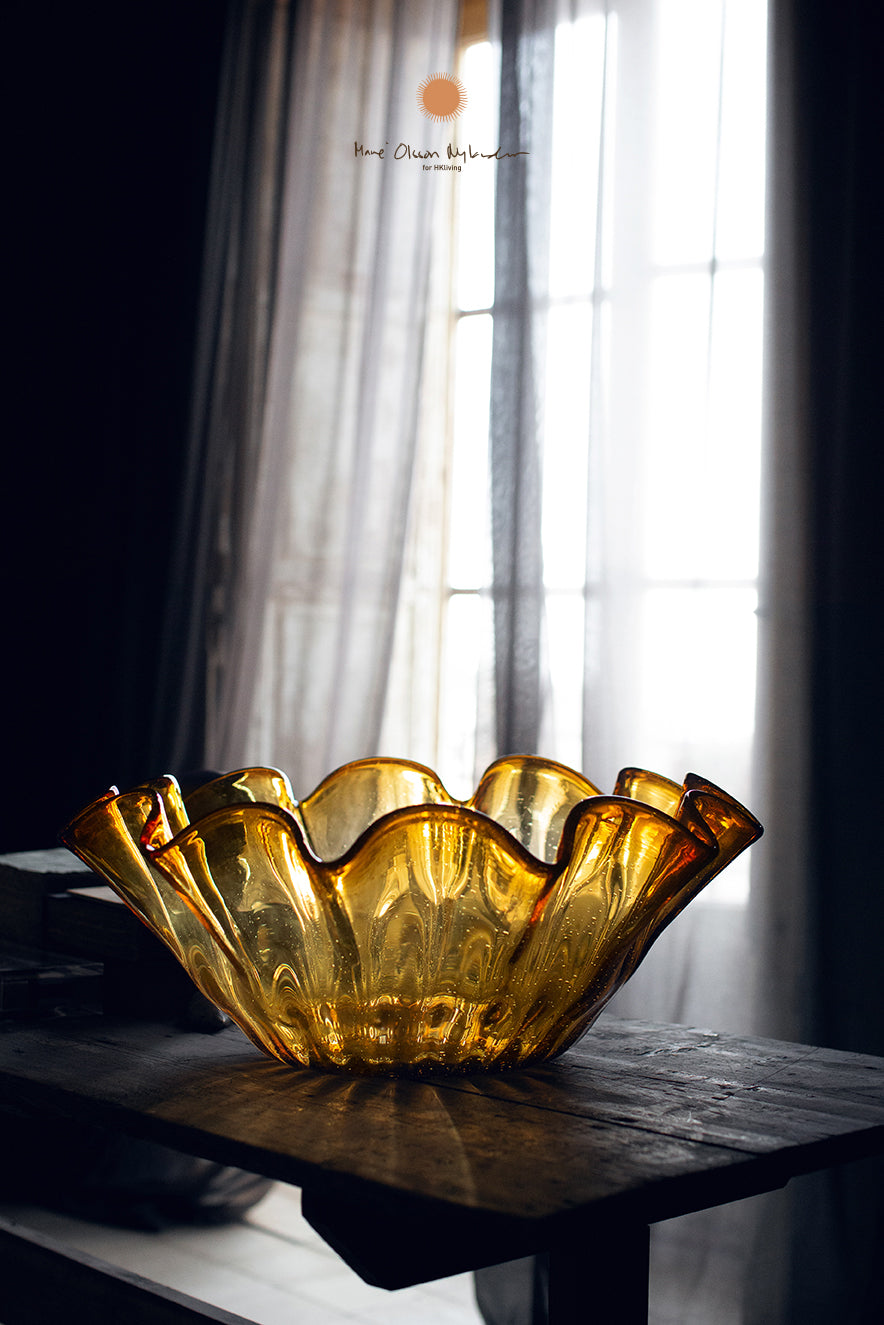 Large amber glass bowl for dramatic centrepiece decor