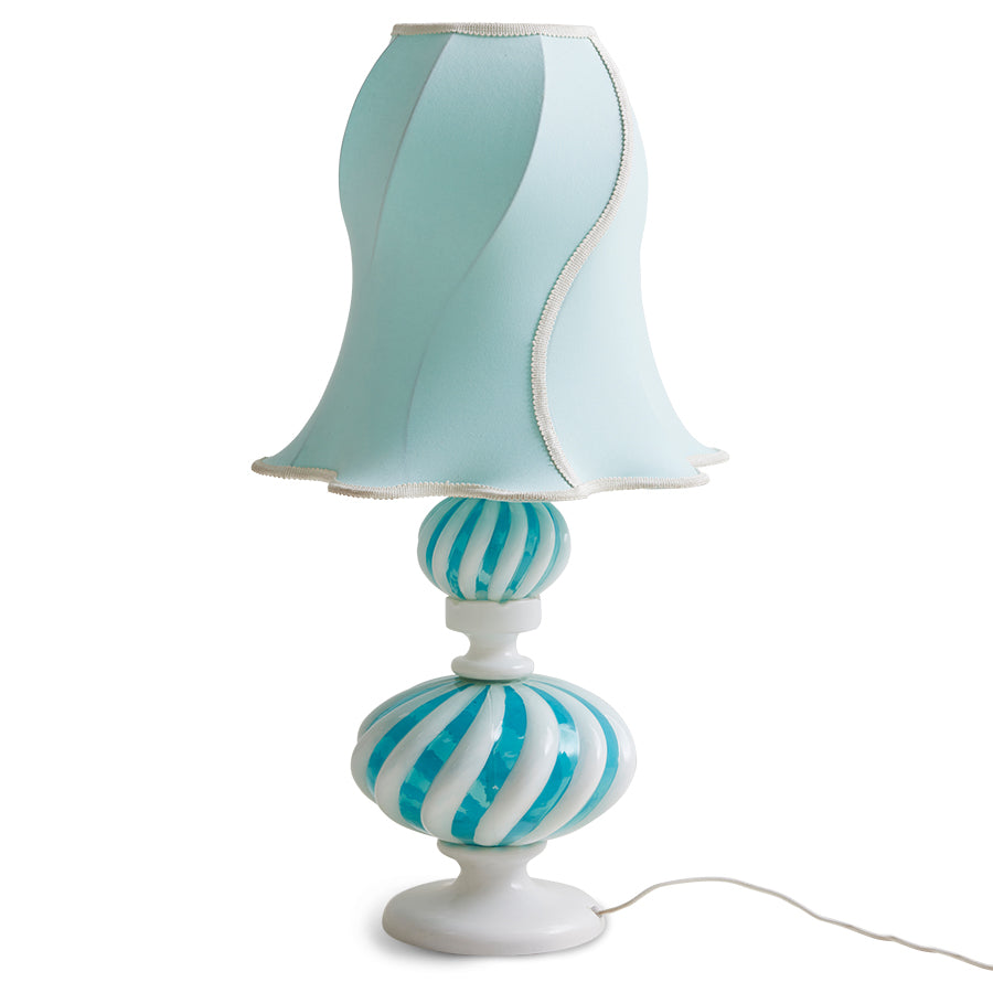 light blue and white glass mouthblown handmade lamp base with a swirly lamp shade in a classic grandma style from the swedish design house hk living