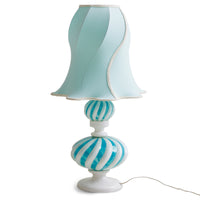 light blue and white glass mouthblown handmade lamp base with a swirly lamp shade in a classic grandma style from the swedish design house hk living