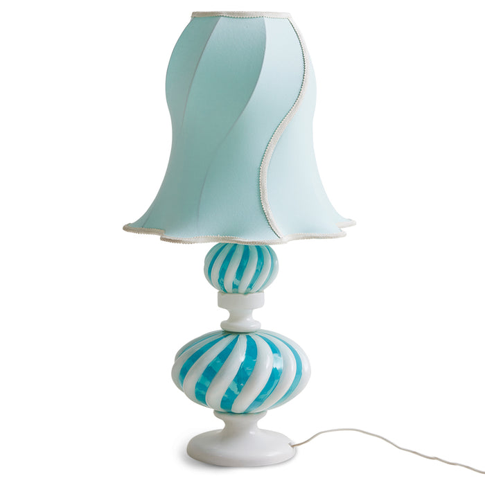 light blue and white glass mouthblown handmade lamp base with a swirly lamp shade in a classic grandma style from the swedish design house hk living