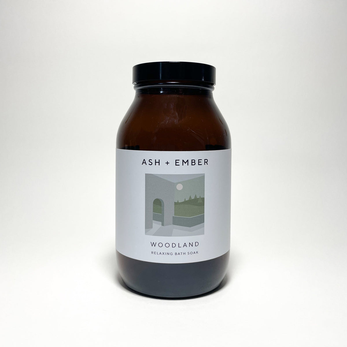 Woodland Bath Soak by Ash + Ember in 500g glass jar with grounding forest scent