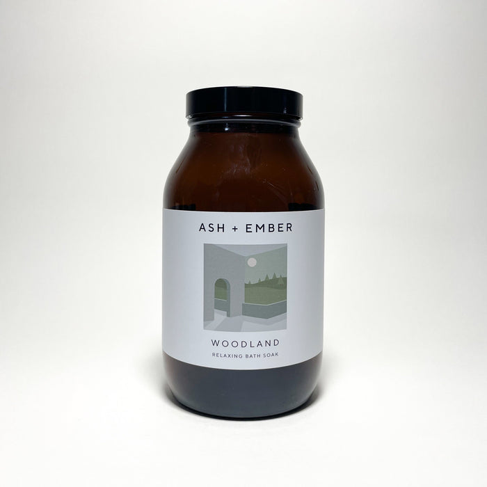 Woodland Bath Soak by Ash + Ember in 500g glass jar with grounding forest scent