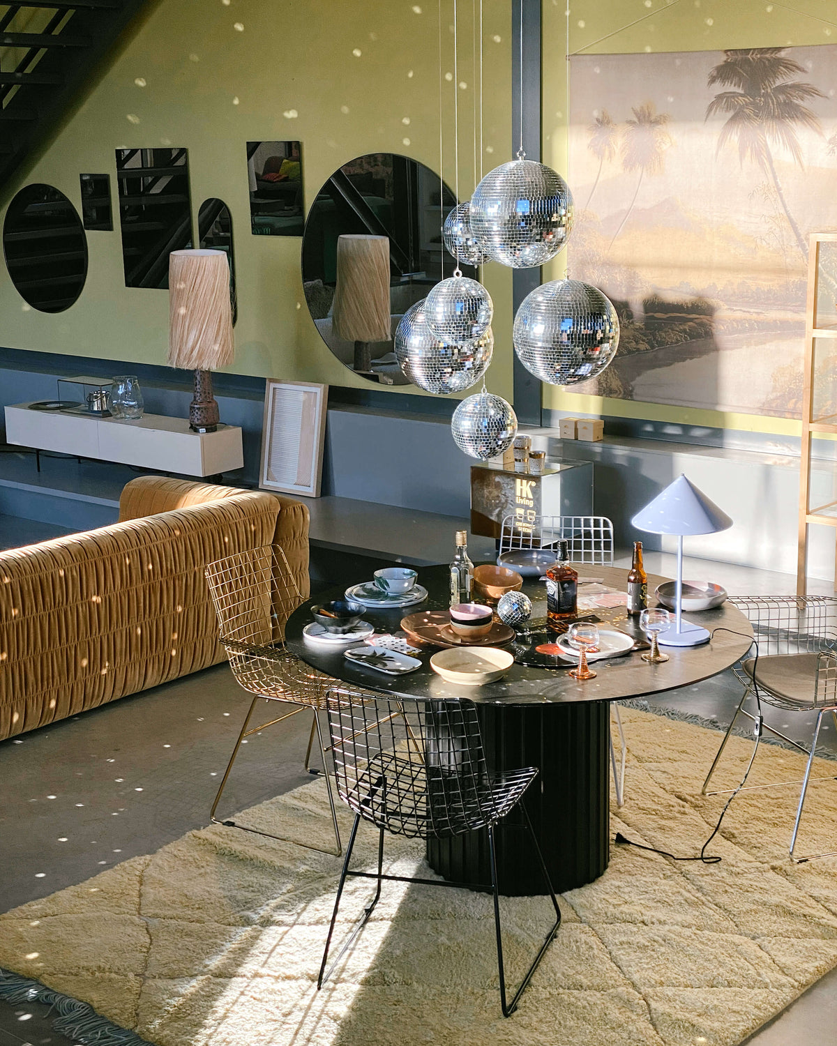 Black Round Wooden Pillar Dining Table by HKLIVING, 140cm diameter, Handmade